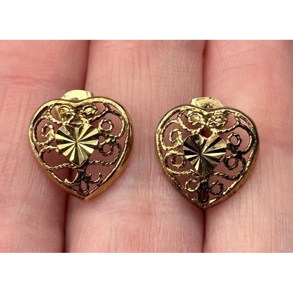 Vintage Sterling Silver Vermeil 925 Filigree Heart Earrings Pierced Studs